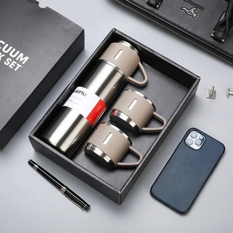 Water Bottles Stainless Steel Vacuum Flask Set Business Gift Tea Cups 